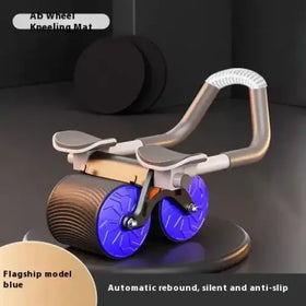 Blue rolling ab wheel kneeling mat with metallic handle and textured wheels.