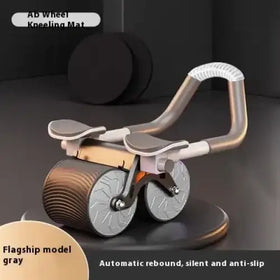 Gray ab wheel kneeling mat with a sleek metallic frame and textured wheels, designed for silent and anti-slip automatic rebound.
