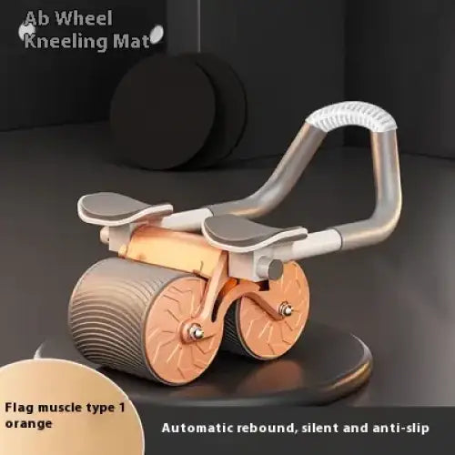 Orange and silver ab wheel kneeling mat with a handle for core workouts.