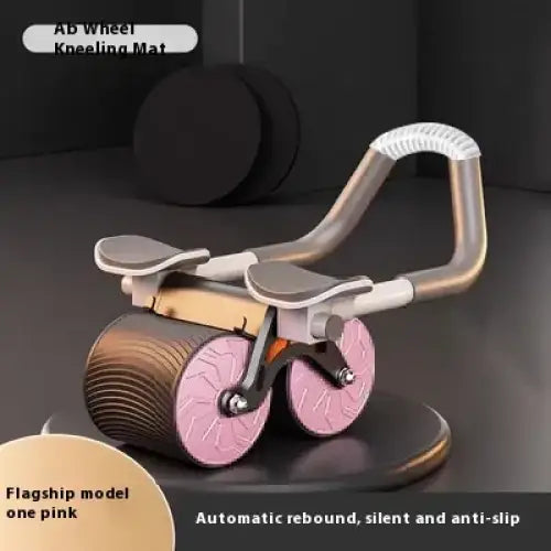Pink and metallic gold ab wheel kneeling mat with a sleek, ergonomic handle design.