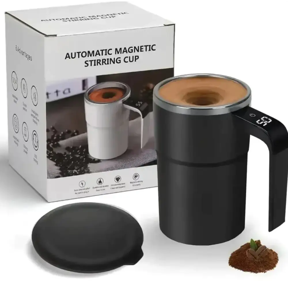 Black automatic magnetic stirring cup with a digital display and silver rim