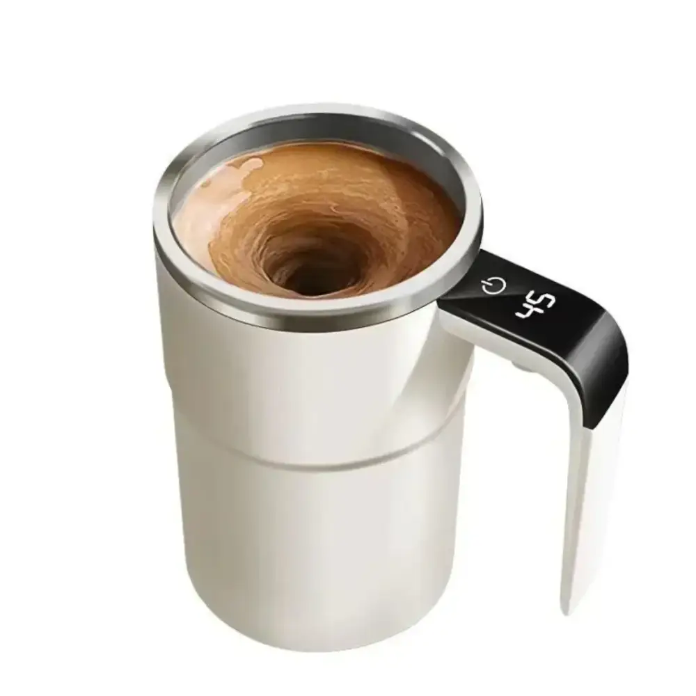 Silver and black electric mug with a swirling coffee design, featuring a digital display on the handle.