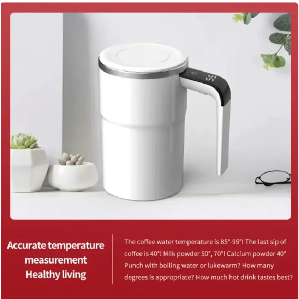 White ceramic mug with a digital temperature display on the handle and a silver rim.