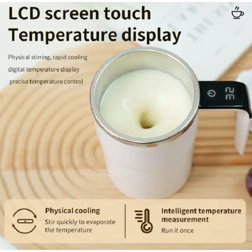 White ceramic mug with a silver rim and black digital lcd temperature display on the handle.