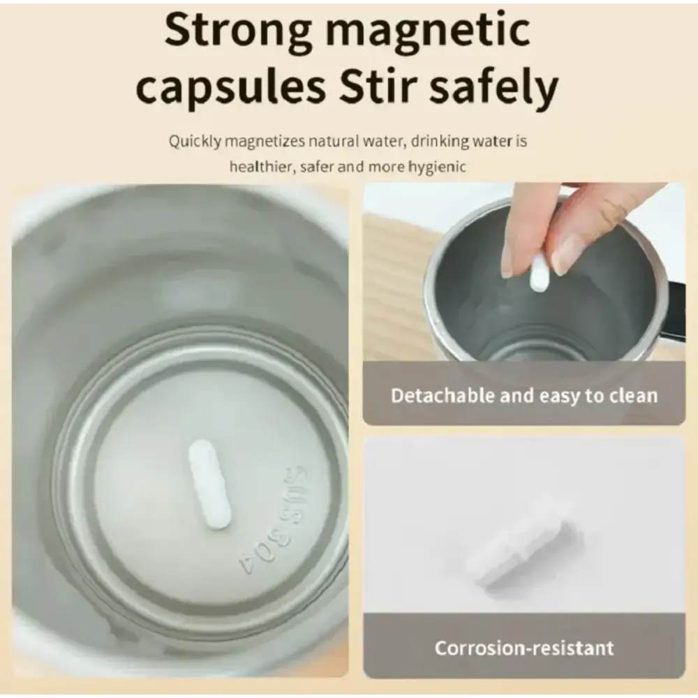 White magnetic capsule for stirring water safely in a stainless steel container.