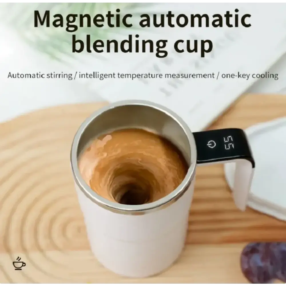 White magnetic automatic blending cup with a silver metallic rim and handle, featuring an integrated digital display showing temperature.