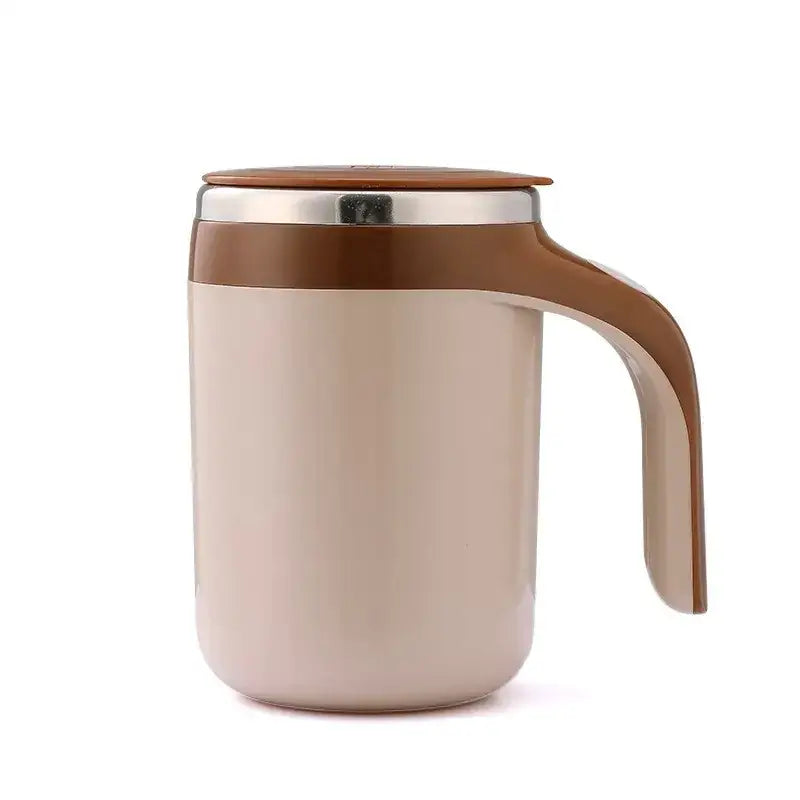 Beige insulated travel mug with a brown lid and handle, featuring a sleek stainless steel rim.