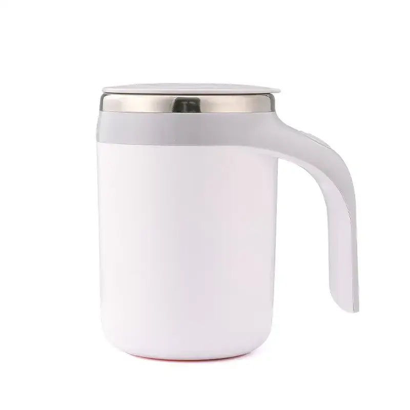 White ceramic mug with a sleek silver lid and handle.