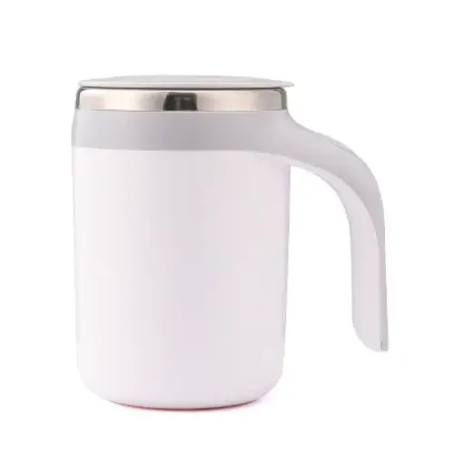 White ceramic mug with a stainless steel lid and handle.