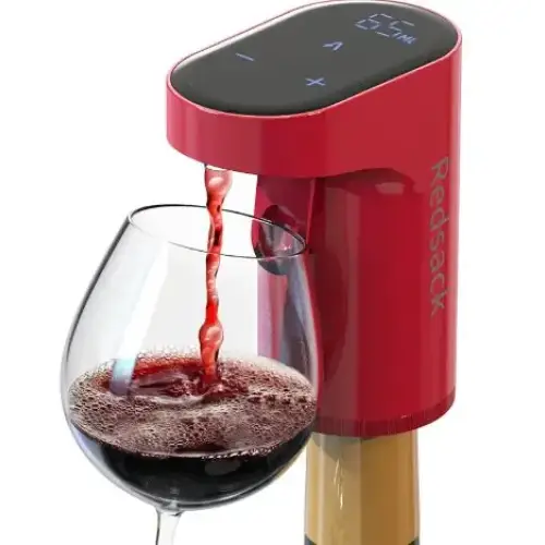 Redsack wine dispenser, sleek red body with digital display and control buttons.