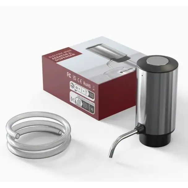 Stainless steel electric wine dispenser with a sleek cylindrical body and black base.