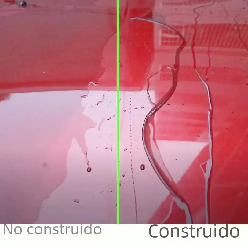 The image displays a split-screen comparison of a red car’s paint surface: on the left, an uncoated area showing water droplets and reflections; on the right, a glossy, wet-looking finish with visible streaks from applied coating.