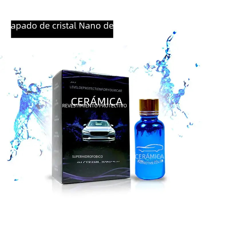 Blue ceramic protective coating in a glass bottle with gold cap, packaged in a black box featuring a car image and text.