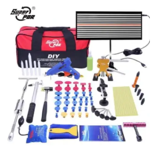 Red and black super car diy car body repair kit with a heat lamp, clamps, suction cups, tools, and adhesive materials.