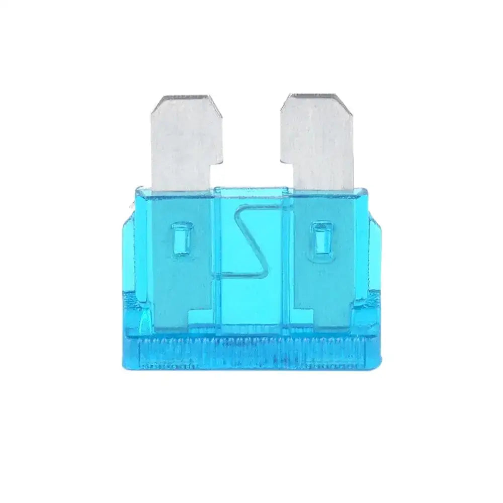 Blue translucent plastic automotive fuse with silver metal contacts.