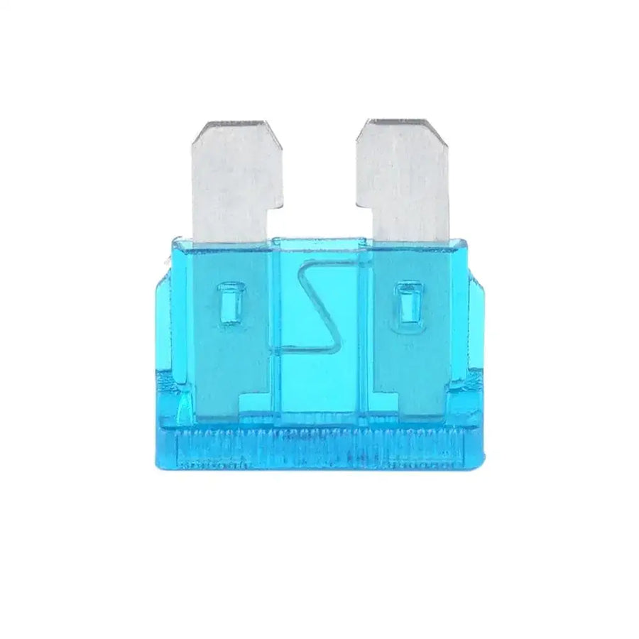 Blue translucent plastic automotive fuse with silver metal contacts.