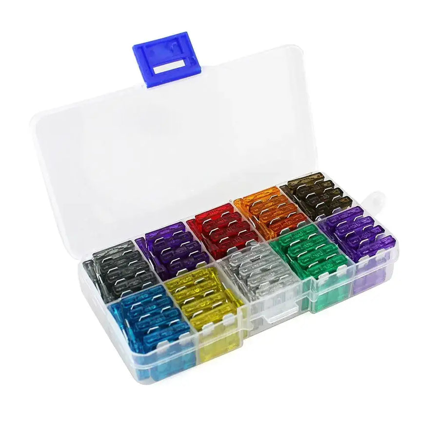 A clear plastic organizer box with a blue latch, containing neatly arranged automotive fuse clips in multiple vibrant colors including red, green, yellow, purple, and black.