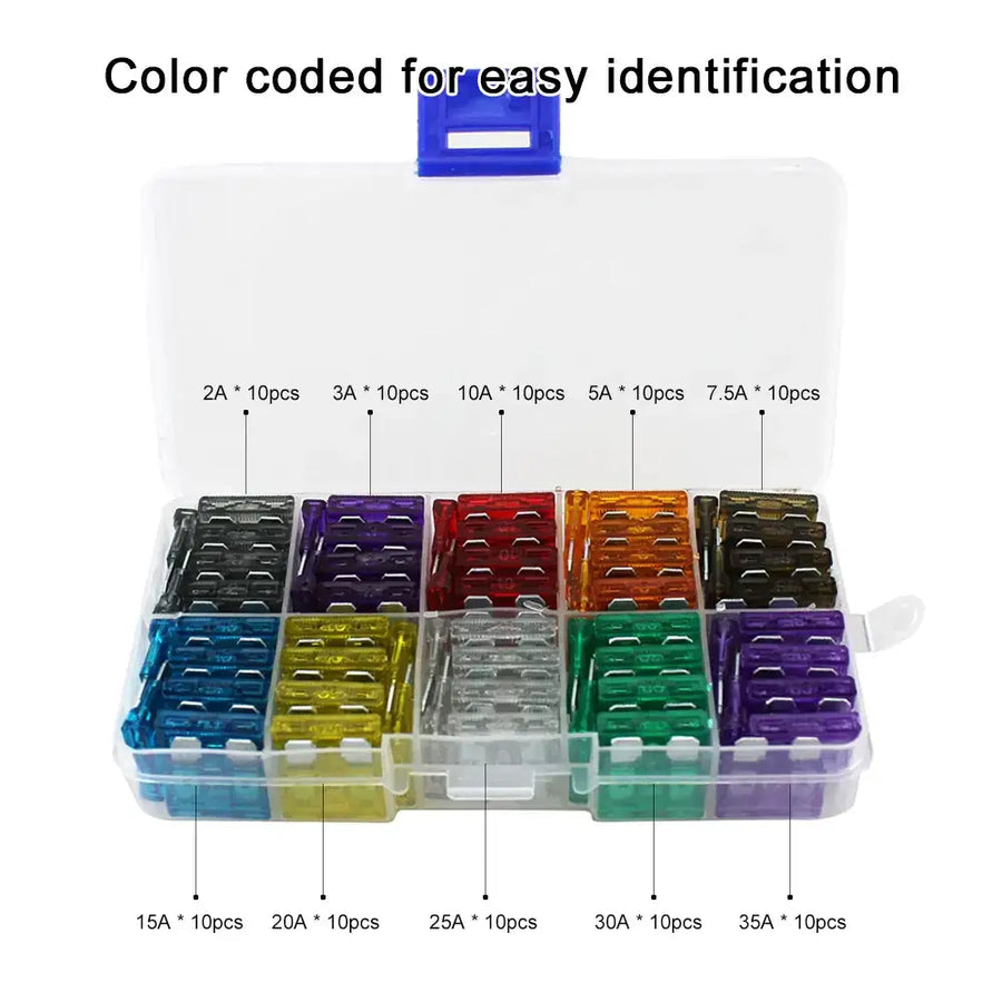 Color-coded automotive fuse set in a clear plastic organizer with blue handle, featuring 10pcs each of various amperage fuses (2a to 35a) arranged by color for easy identification.