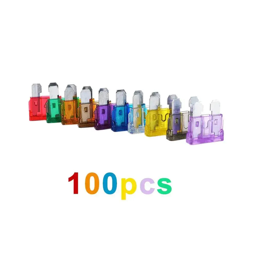A set of 100 colorful plastic automotive fuse clips in assorted vibrant hues including red, green, orange, purple, blue, yellow and clear.