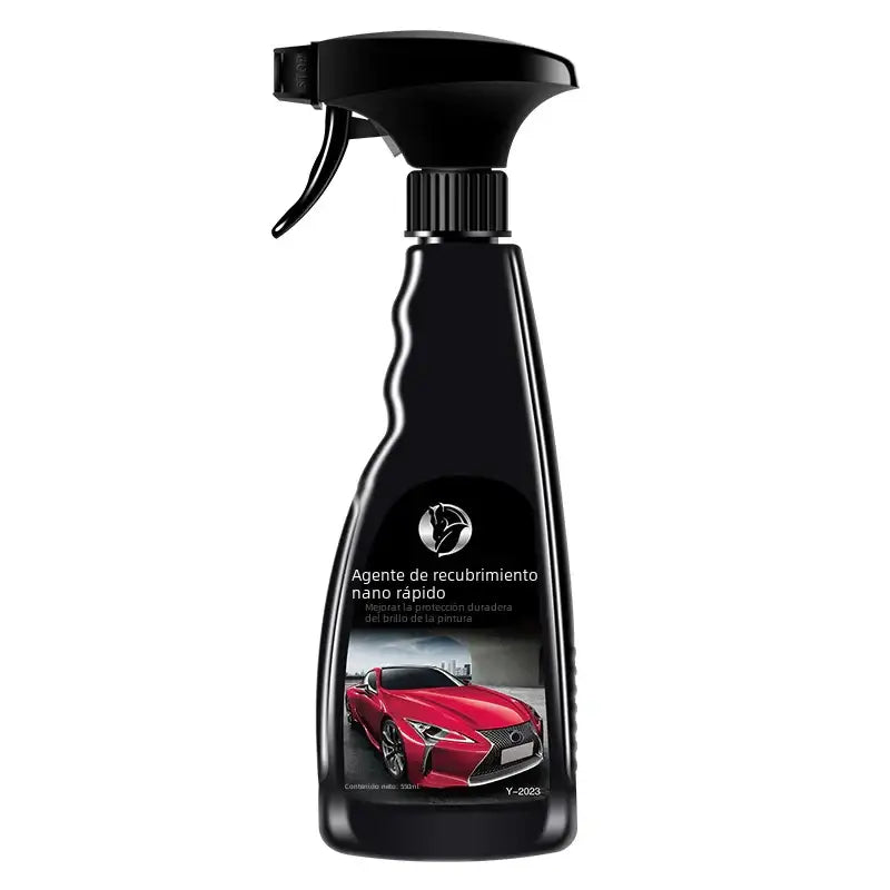 Black spray bottle with a glossy finish and ergonomic contours, featuring a label that displays text in spanish and an image of a red sports car.