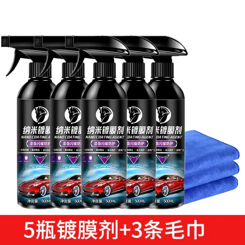 Five black spray bottles of nano coating agent, each 500ml, with labels featuring a red sports car and chinese text.