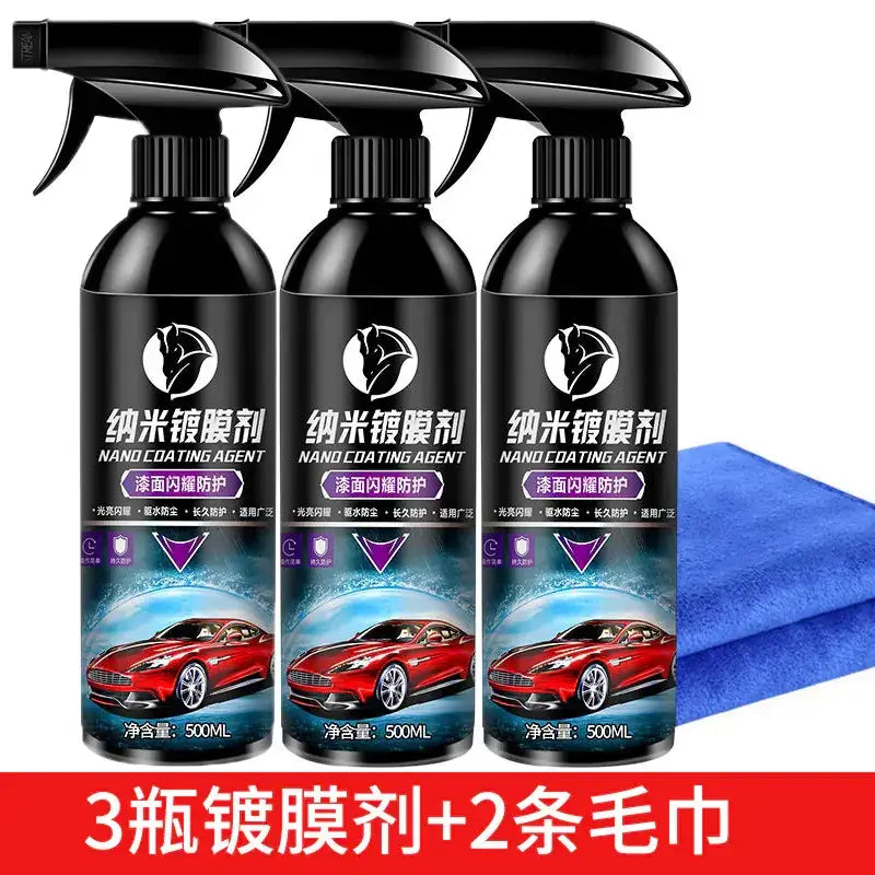 Three black spray bottles of nano coating agent, each labeled with chinese characters and featuring a red sports car graphic on the label.