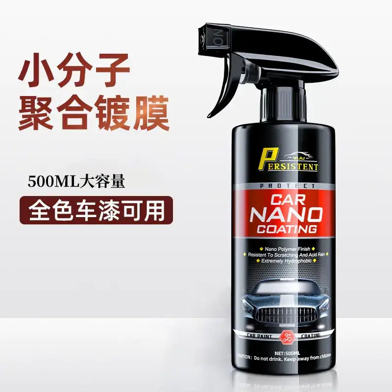 Black spray bottle of persistent car nano coating with a red and silver label, designed for all car paint colors.