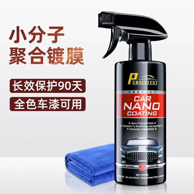 Black spray bottle of persistent car nano coating with red and silver label, featuring a black trigger nozzle.