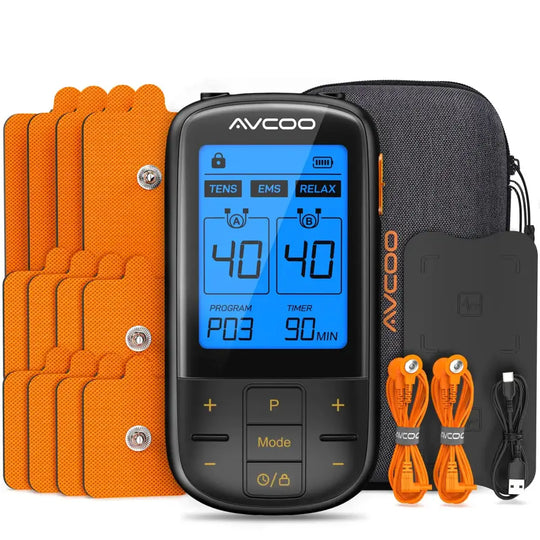 AVCOO 3-in-1 TENS Unit with 32 Modes Dual Channel EMS Muscle Stimulator with 40 Intensities for Gradual Pain Relief Therapy Rechargeable Electronic Pulse Massager with 12 Electrode Pads EVA Case