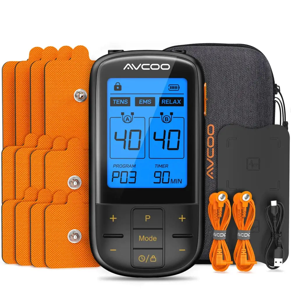Black avcoo ems tens unit with blue digital display and orange electrode pads