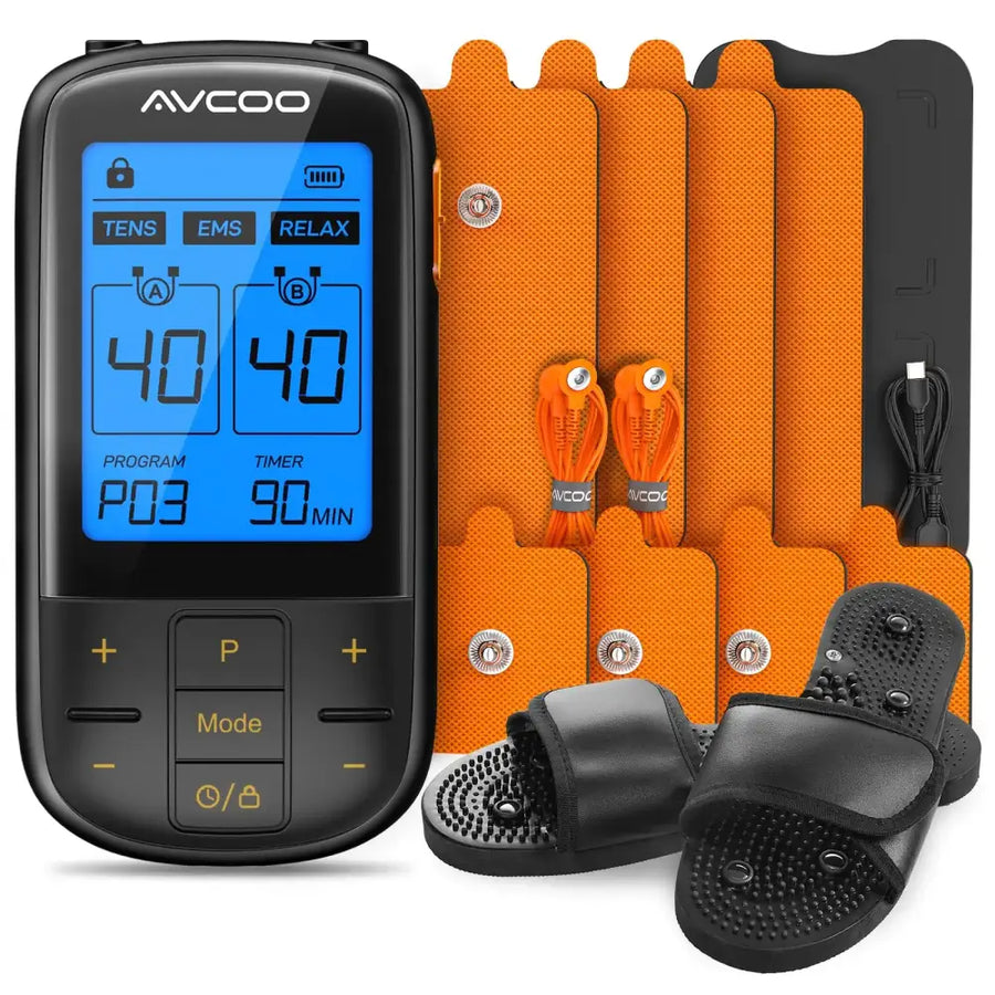 Black avcoo tens/ems therapy device with blue digital display and orange electrode pads alongside black massage sandals.