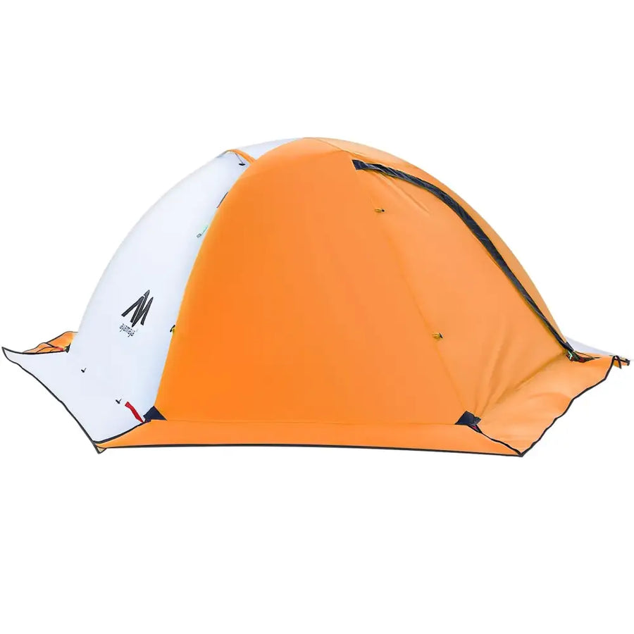 Orange and white two-tone dome tent with black trim.