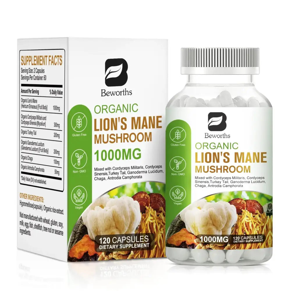 Beworths organic lion’s mane mushroom 1000mg dietary supplement in a clear bottle with white capsules and matching box.