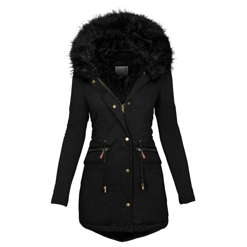 Women’s Hooded Mid-Length Warm Cotton Coat with Fur Collar