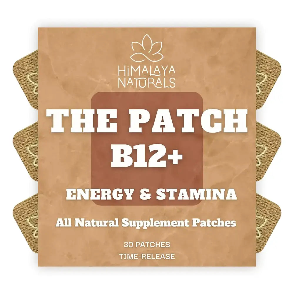 Himalaya naturals the patch b12+ energy and stamina time-release supplement patches in a brown package with three visible beige, textured adhesive patches.