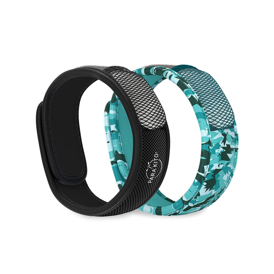 PARAKITO Mosquito Repellent Bracelets + Refill Pellets Bundle | w/Peppermint Oil Essential Oils | Hiking & Camping Accessories | Paraben Free DEET Free - 2 Wristbands & 2 Refills (Black + Conceal)