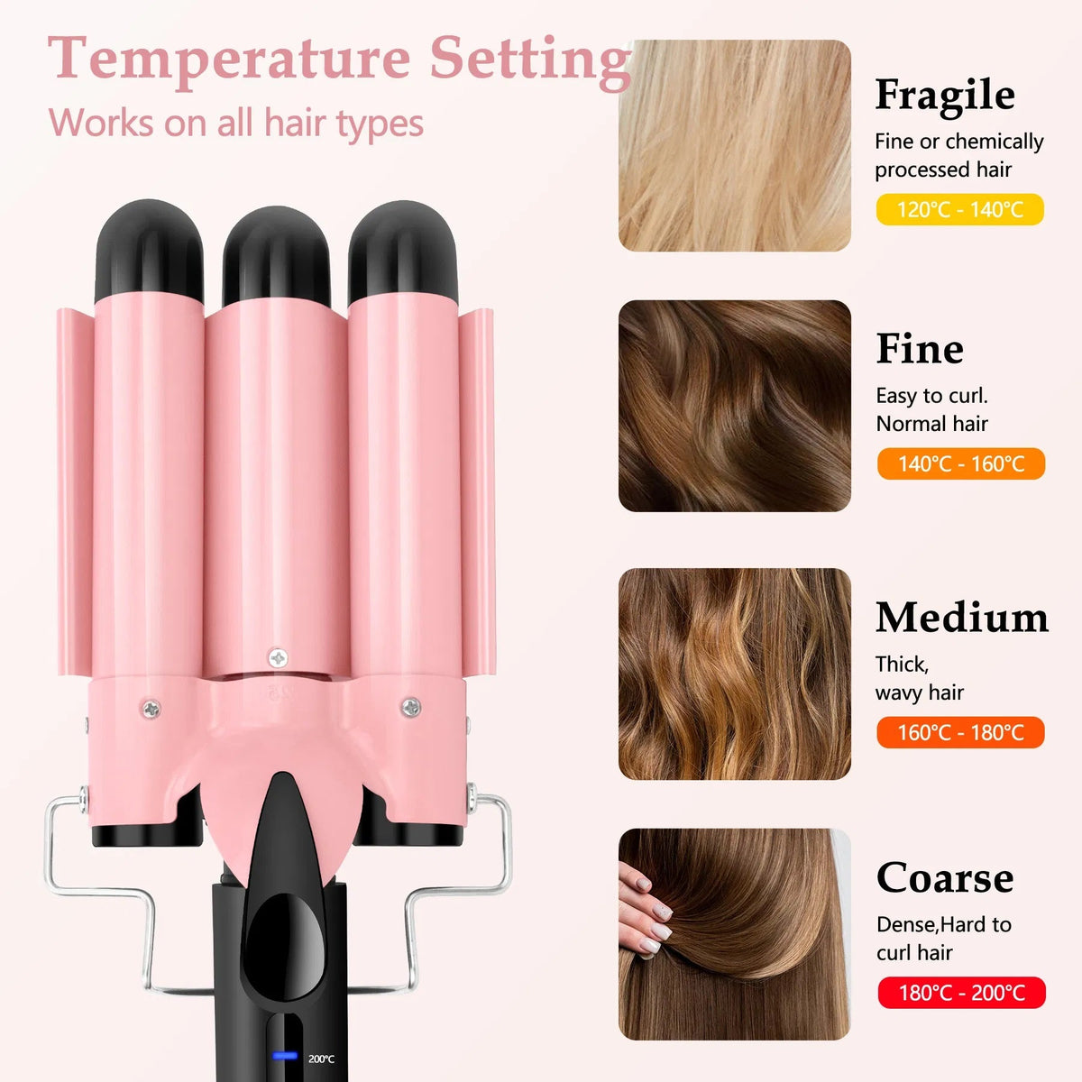 3 Barrel Curling Iron Hair Crimper, Dual Voltage Ceramic Tourmaline Three Barrels Hair Waver - 1-inch Curler Wand - Pink