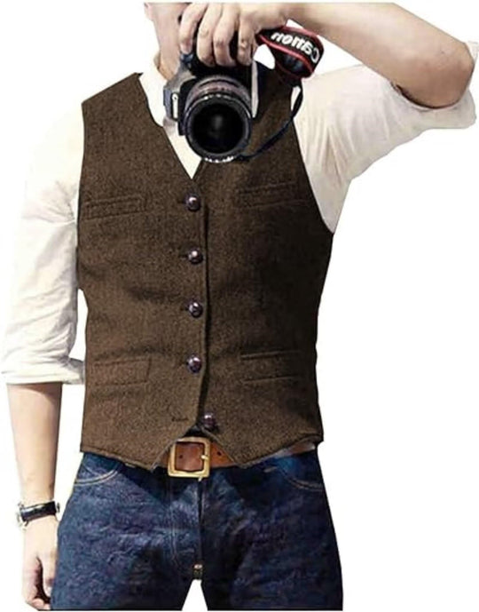 Bglddue Mens Suit Vests Wool Tweed Vest V Neck Slim Fit Waistcoat Formal Business Retro for Wedding
