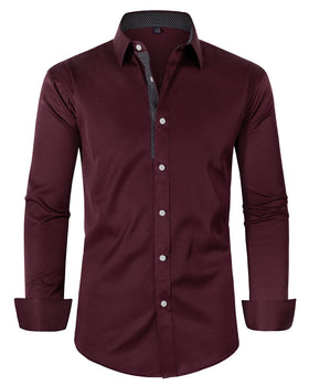 Alimens & Gentle Mens Dress Shirts Long Sleeve Stretch Wrinkle-Free Business Casual Collar Contrast Button Down Shirt Wine