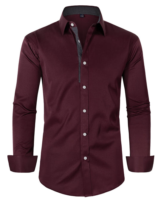Alimens & Gentle Mens Dress Shirts Long Sleeve Stretch Wrinkle-Free Business Casual Collar Contrast Button Down Shirt Wine