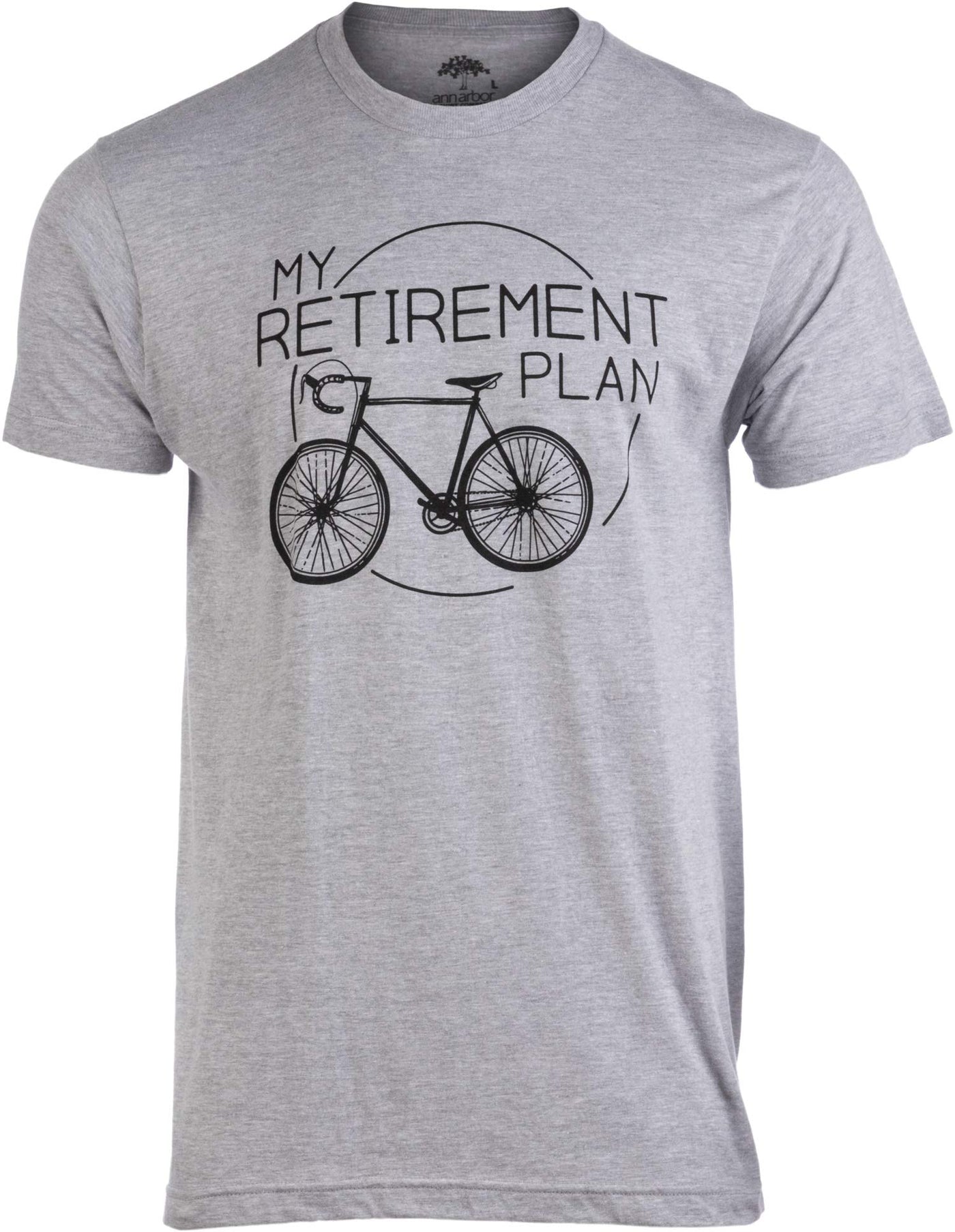 Ann Arbor T-shirt Co. My Retirement Plan (Bicycle) | Funny Bike Riding Rider Retired Cyclist Man T-Shirt-(AdultXL) Heather Grey