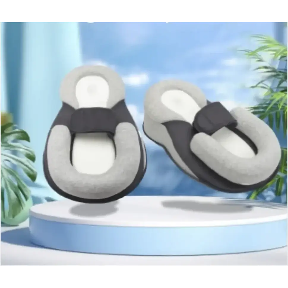 Gray and black cushioned slip-on sandals with a soft, plush interior.