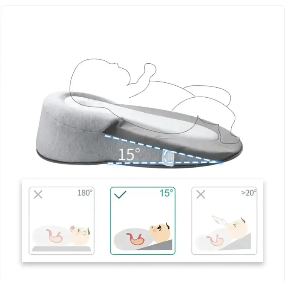 Gray wedge-shaped baby sleep positioner with a soft, cushioned surface designed to support an infant at a 15-degree incline.