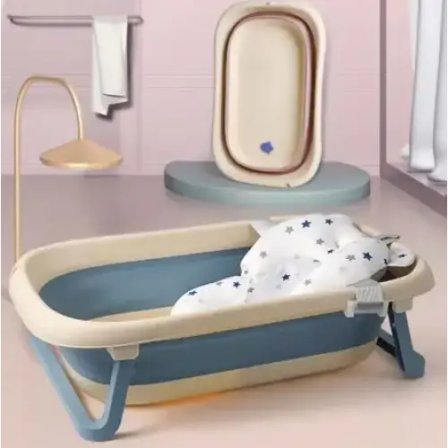 Blue and beige foldable baby bathtub with star-patterned cushion.
