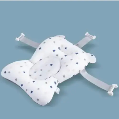 White star-patterned baby bath support with adjustable straps.
