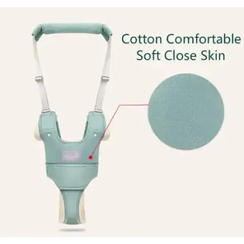 Light blue cotton baby walker with soft, close-skin padding and adjustable straps.