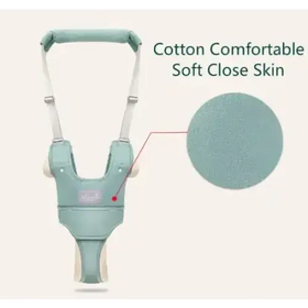 Light blue cotton baby walker with soft, close-skin padding and adjustable straps.