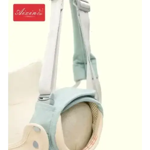 Light blue padded baby carrier with adjustable straps and a breathable mesh interior
