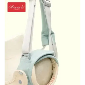 Light blue padded baby carrier with adjustable straps and a breathable mesh interior