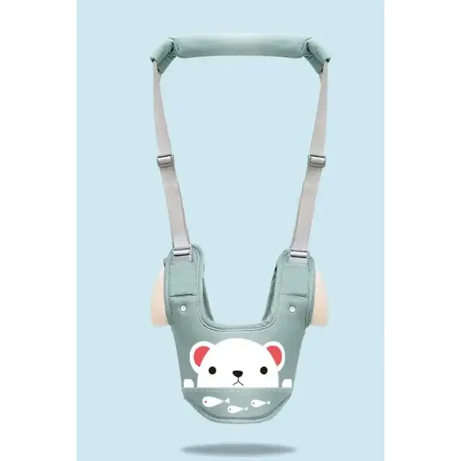 A soft, light green baby walker with a cute white bear face and fish design on the front.
